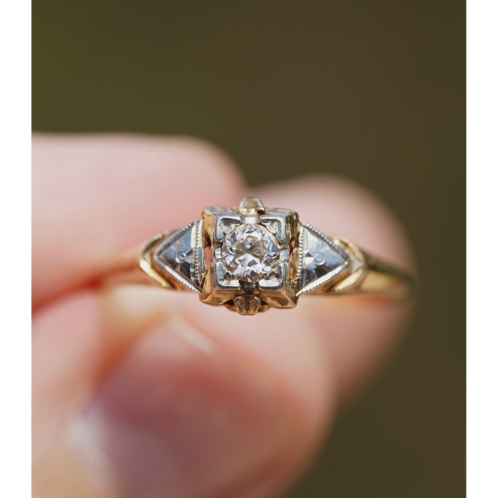 Antique 14k Solid Yellow Gold Engraved Natural Diamond Ring - Size 7.25 1.78g - Picture 3 of 11